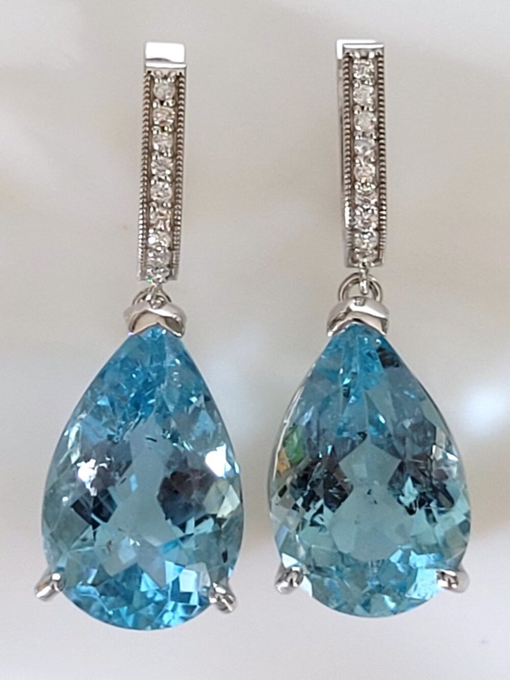 18.76ct Ocean Blue Aquamarine Diamond Drop Earrings 14K Gold Large Estate